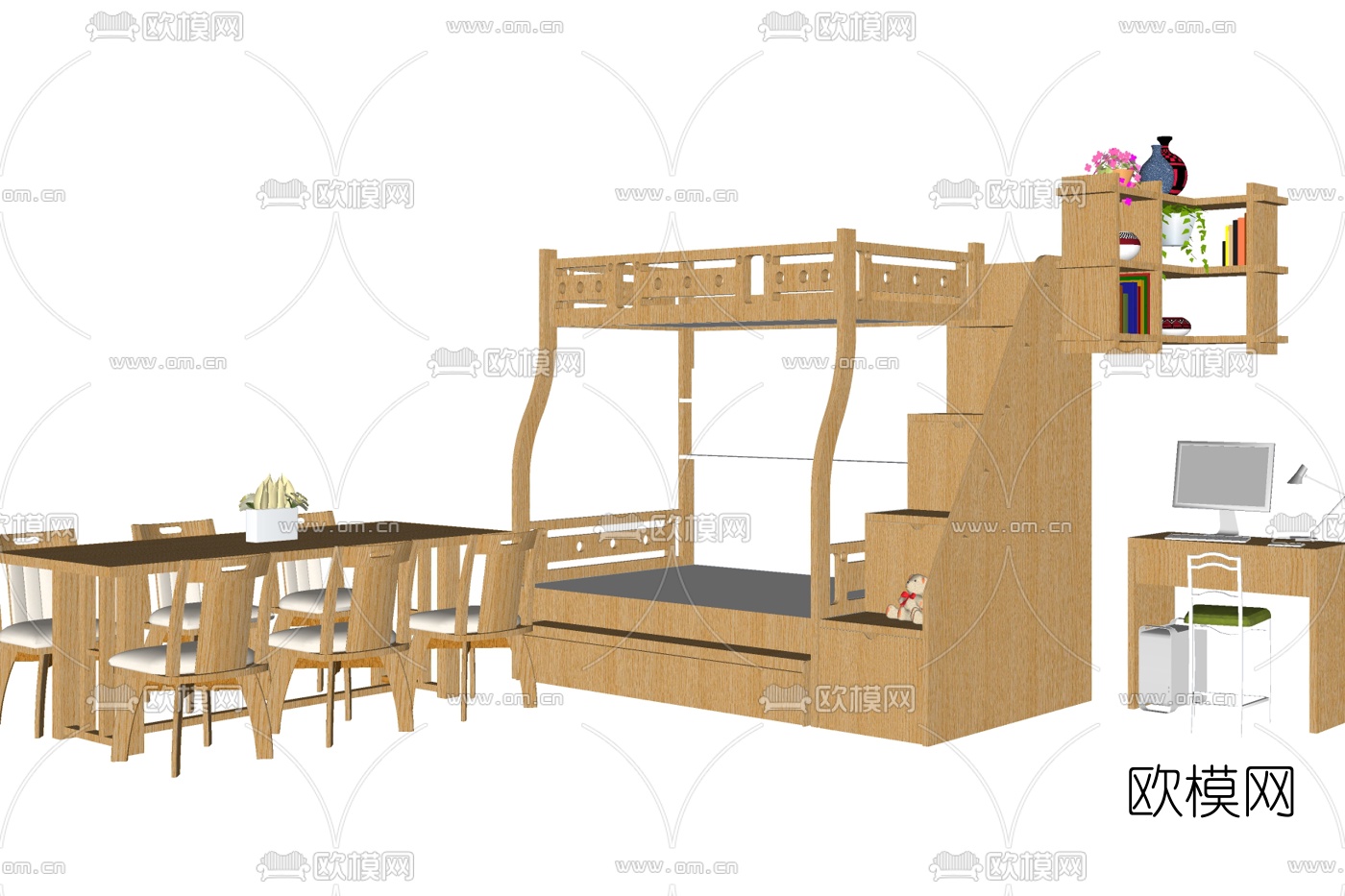 北欧上下铺儿童床su模型下载