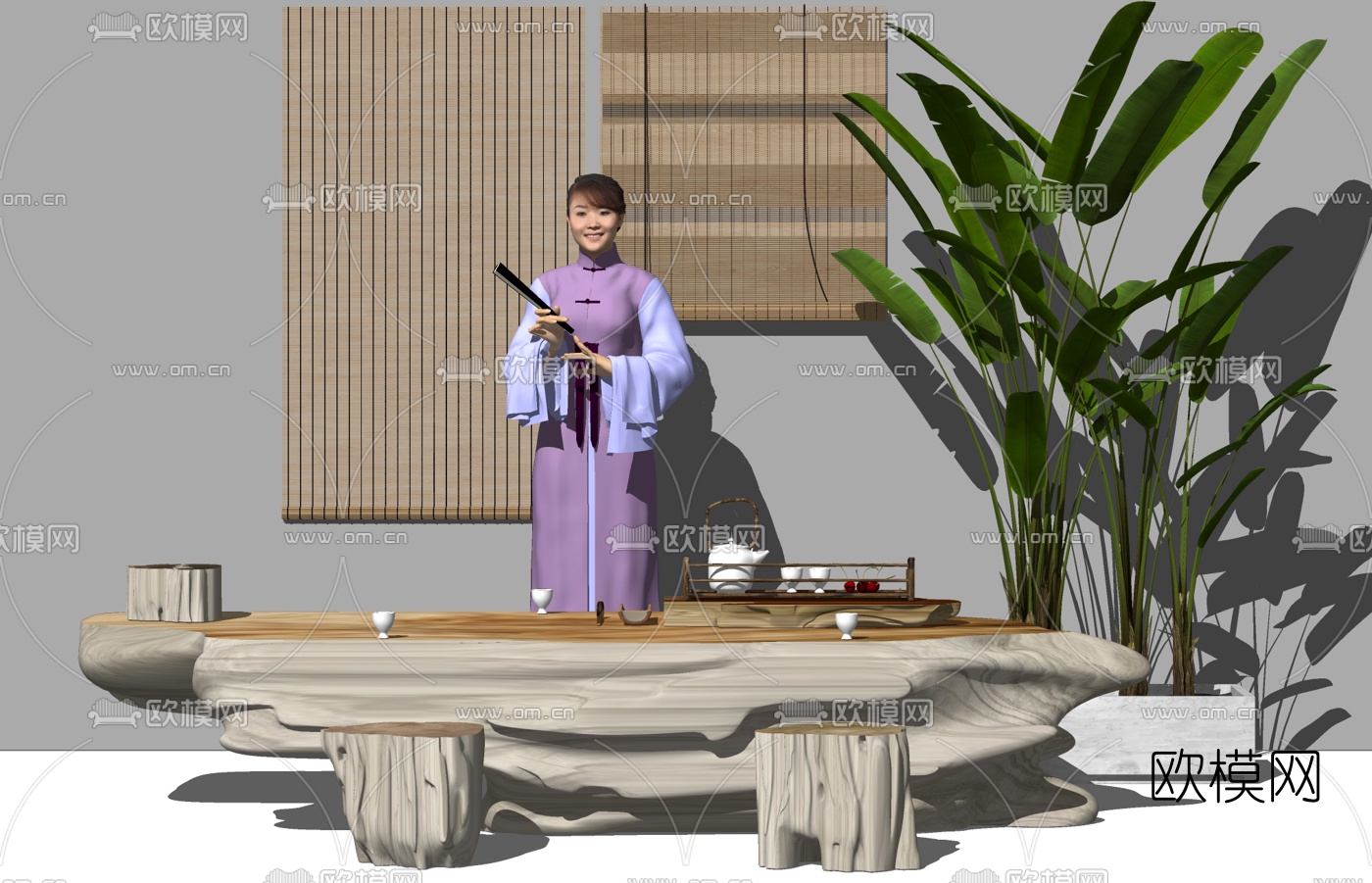 新中式茶桌椅su模型下载