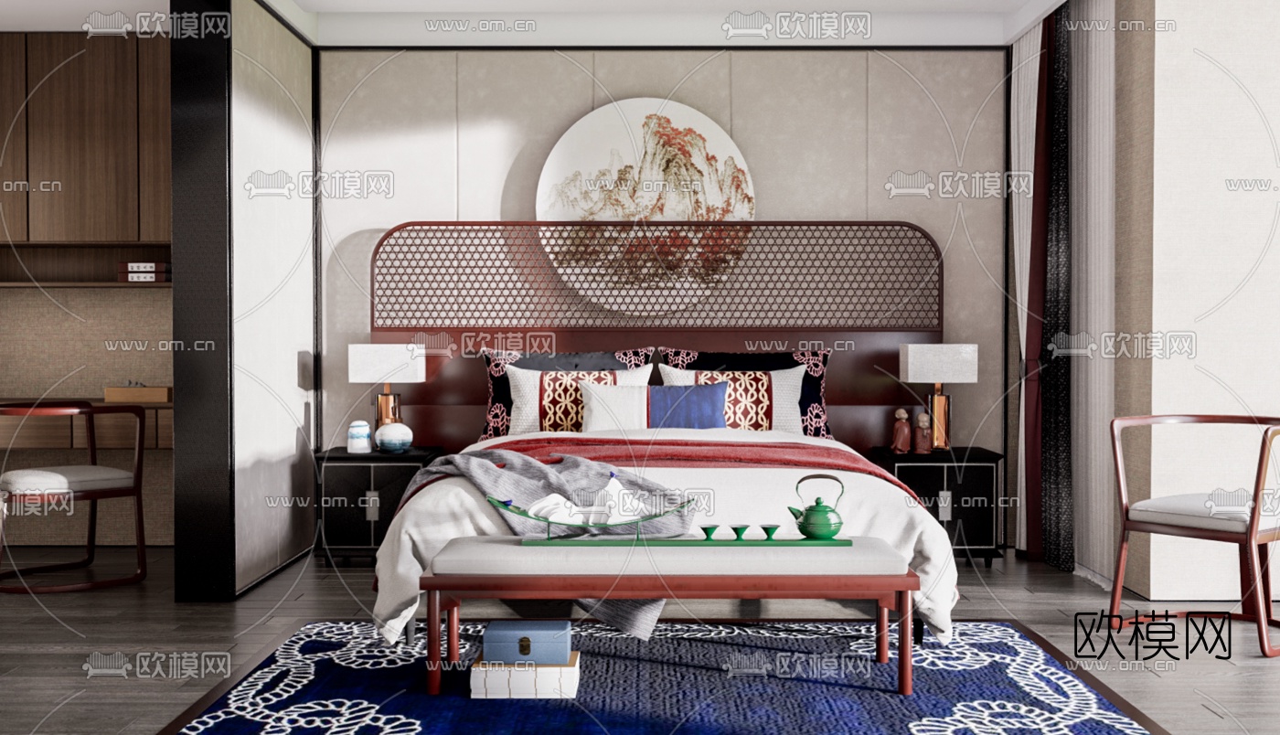 新中式布艺双人床su模型下载