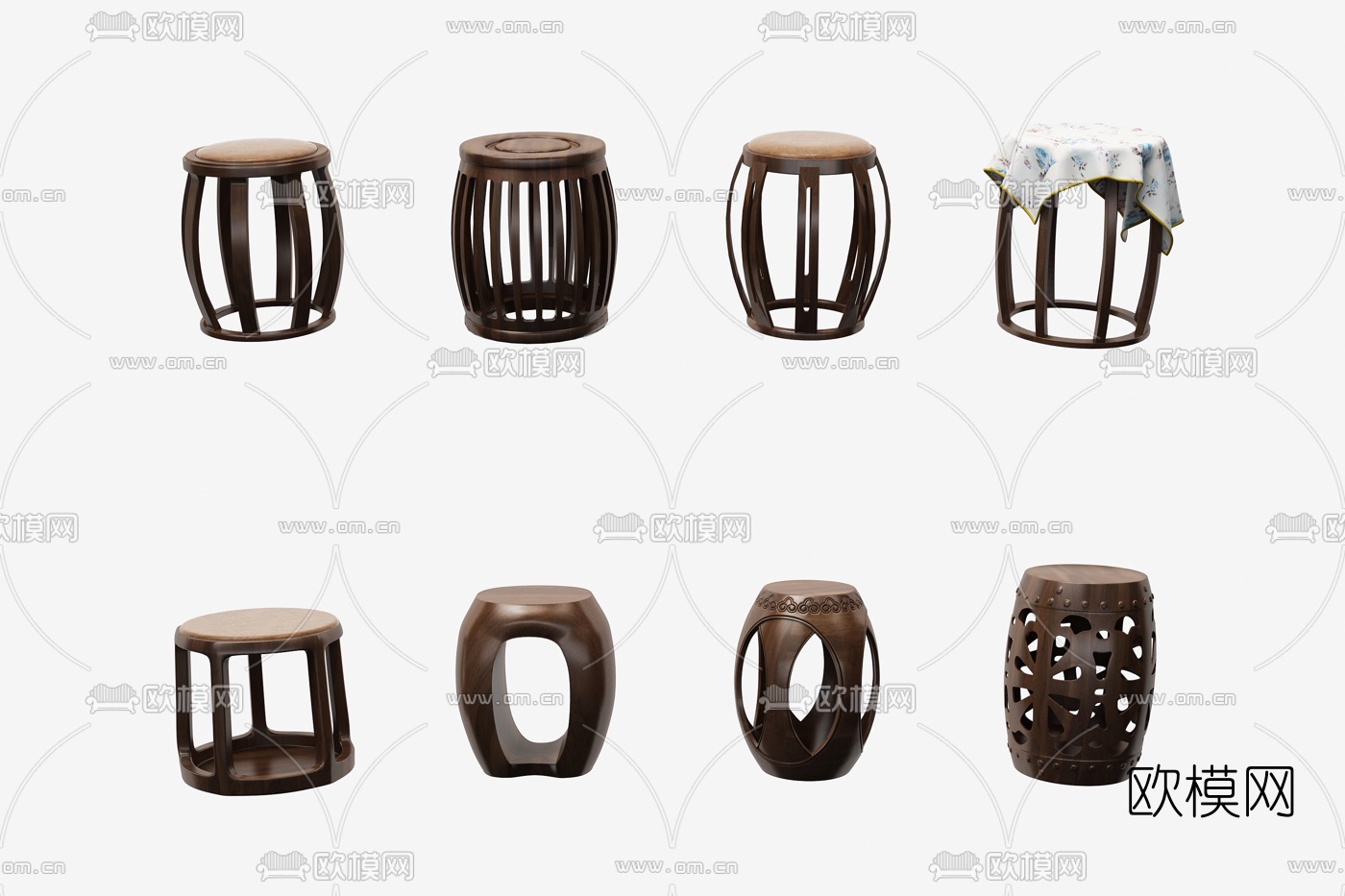 中式实木圆凳矮凳凳子3d模型下载
