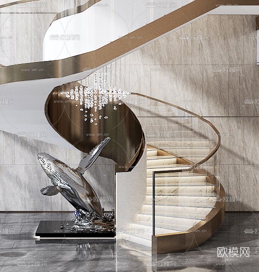 现代楼梯间鲸鱼雕塑3d模型