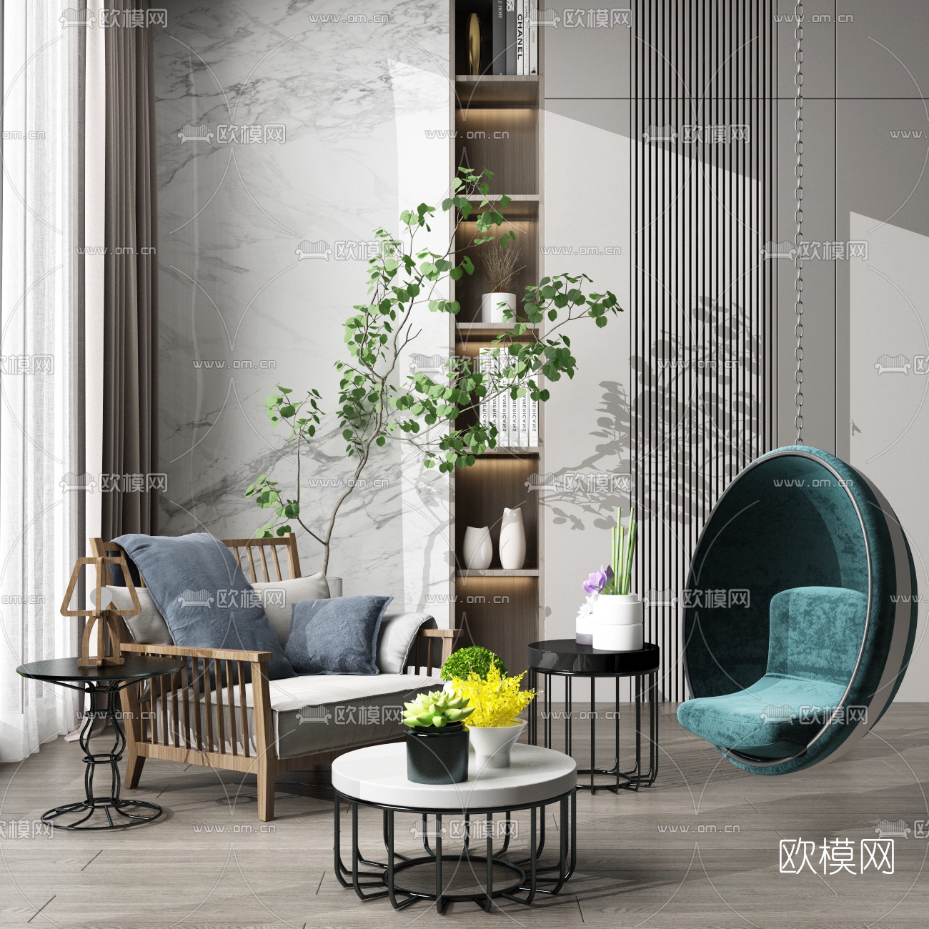 现代休闲沙发吊椅圆几3d模型