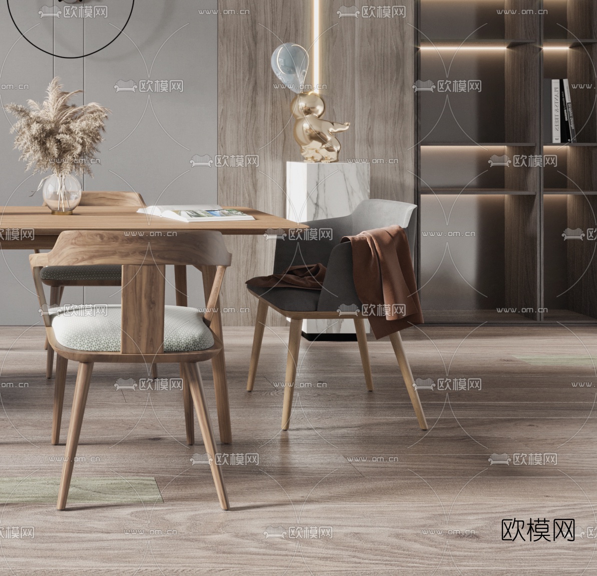 北欧条形餐桌椅3d模型下载（渲染图4）