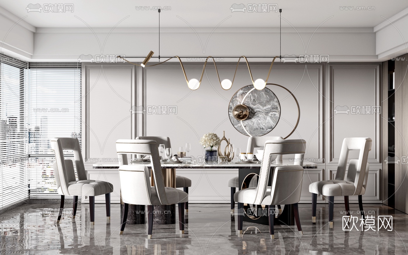 美式大理石餐桌椅3d模型下载