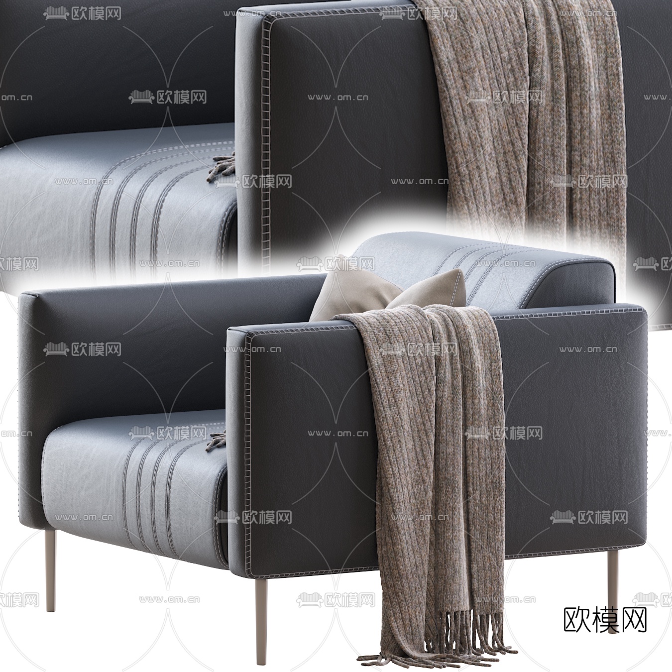 现代皮革单人沙发3d模型下载（渲染图3）