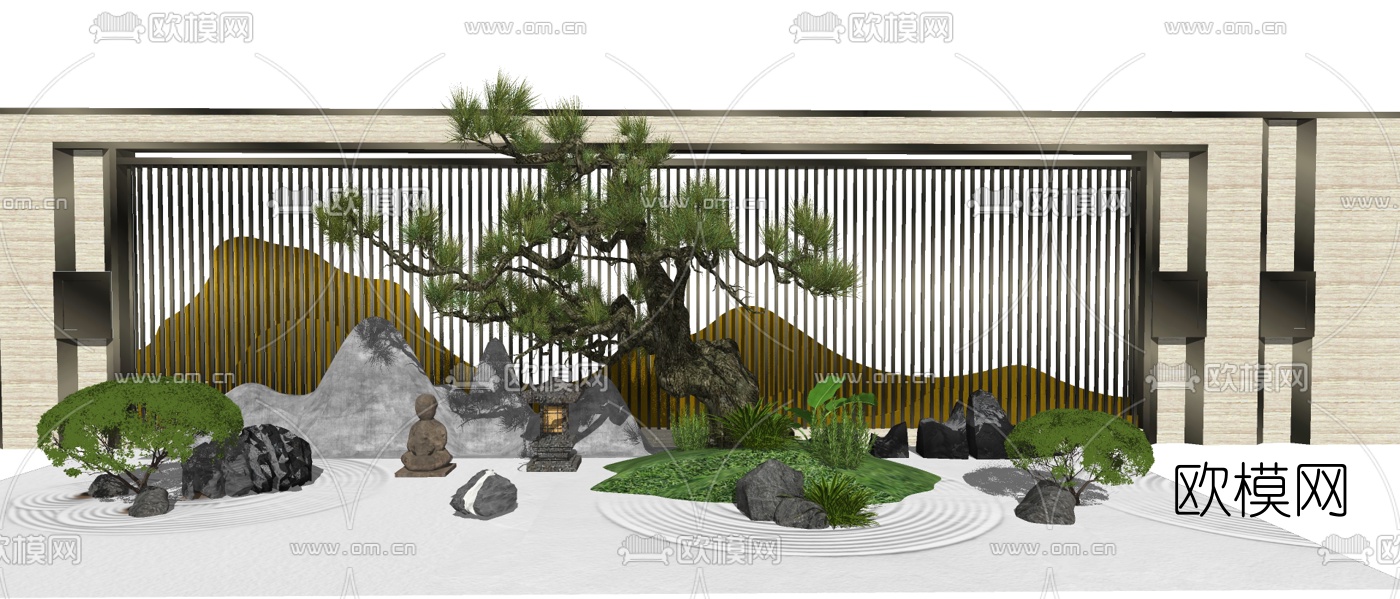 新中式假山松树景观小品su模型