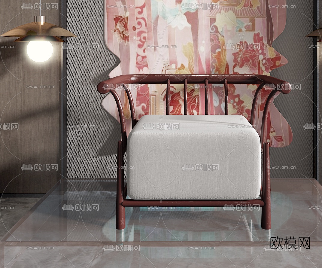 新中式实木单人沙发3d模型下载（渲染图2）