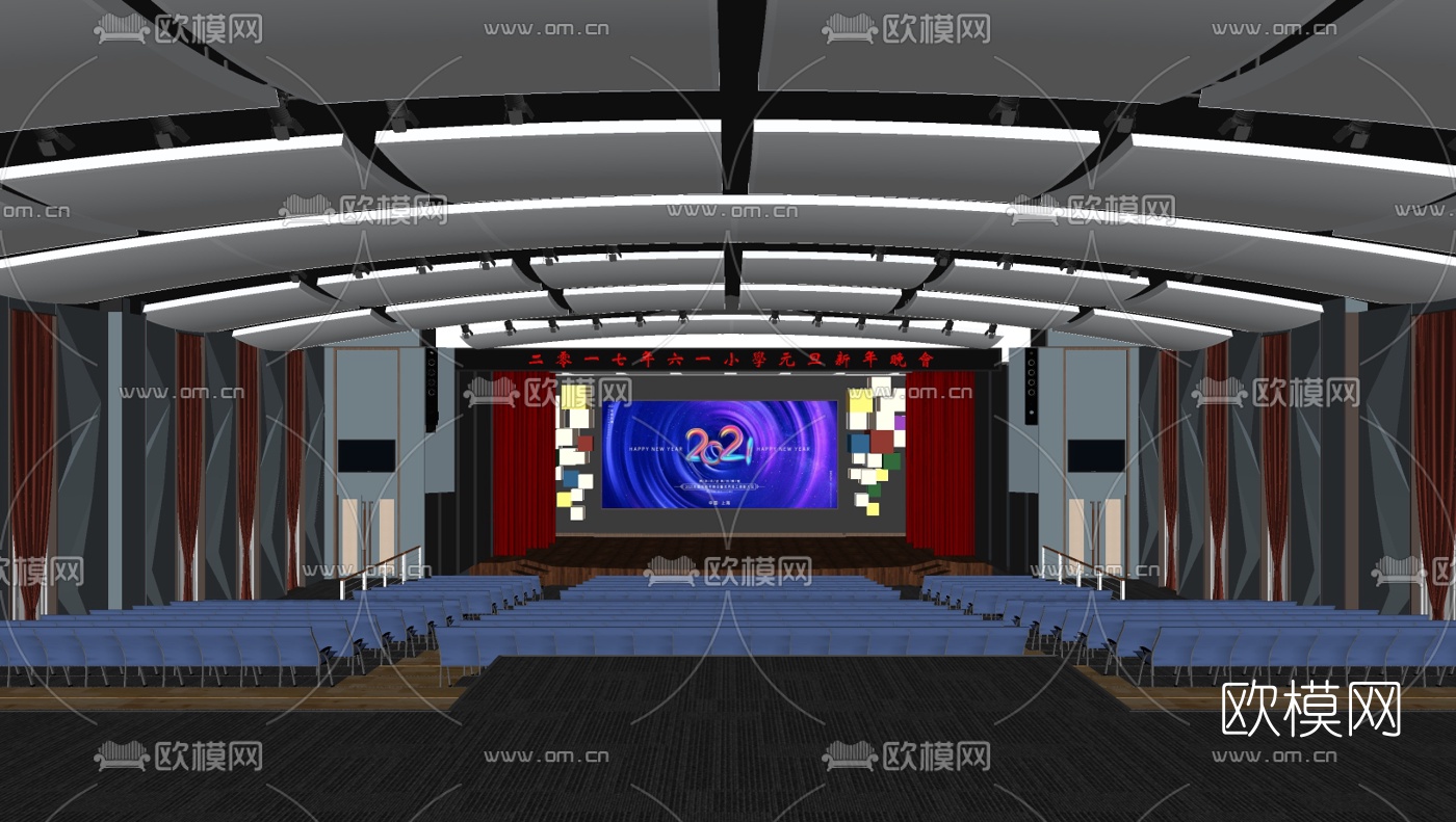 现代学校礼堂su模型下载（渲染图2）