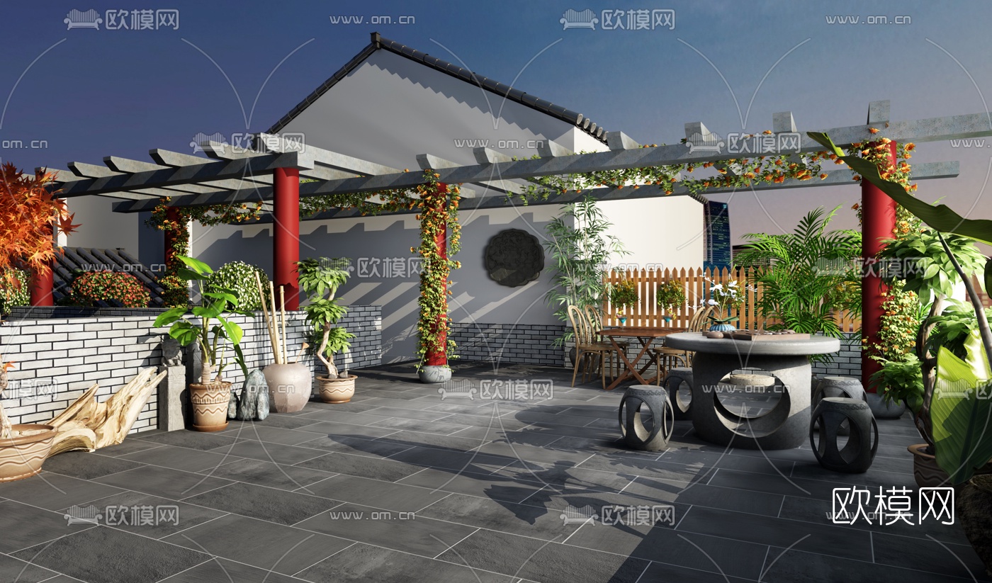 新中式屋頂露臺花園3d模型