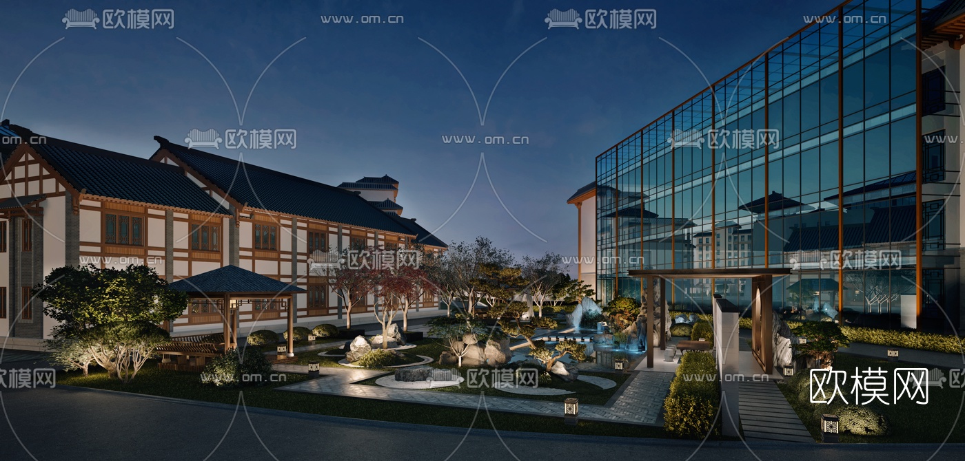 新中式酒店会所庭院景观夜景3d模型
