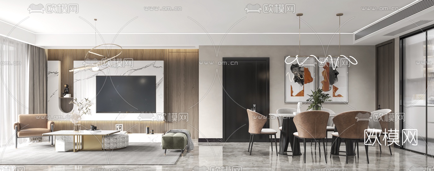 现代轻奢客厅餐厅3d模型