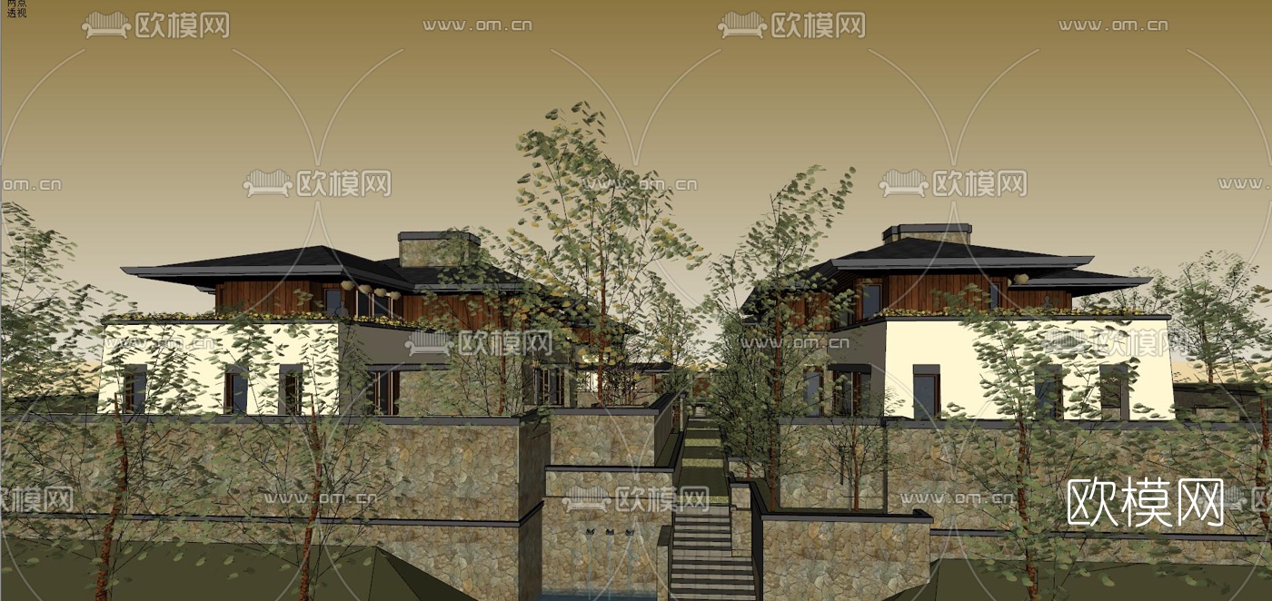 新中式独栋别墅外观su模型