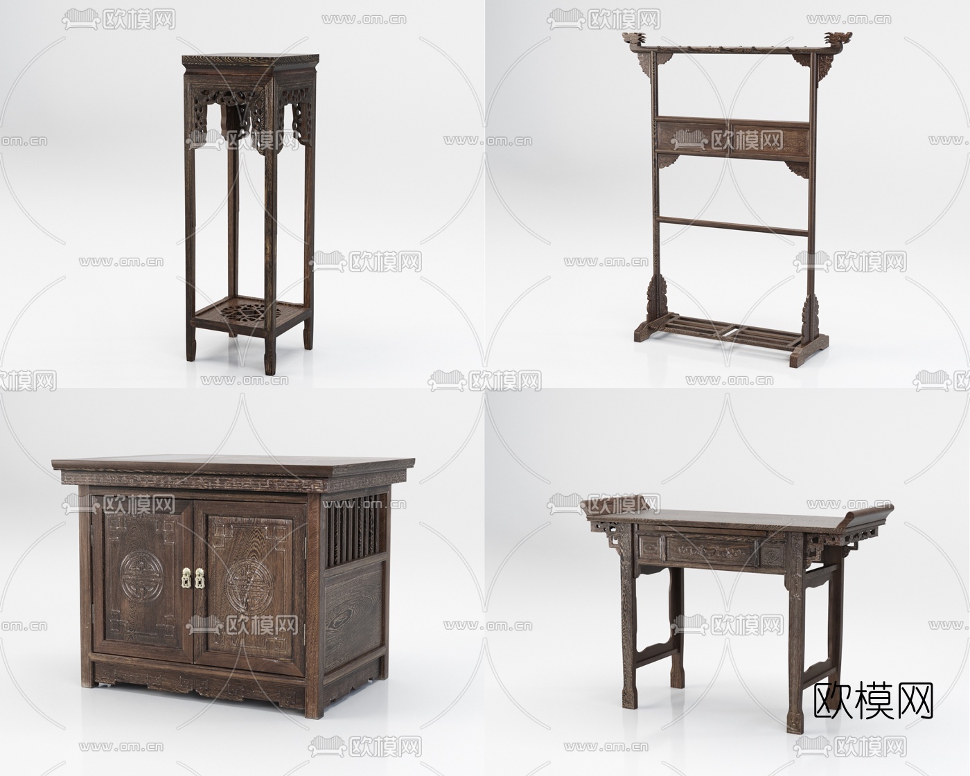 中式实木衣架边柜端景条案3d模型下载（渲染图1）