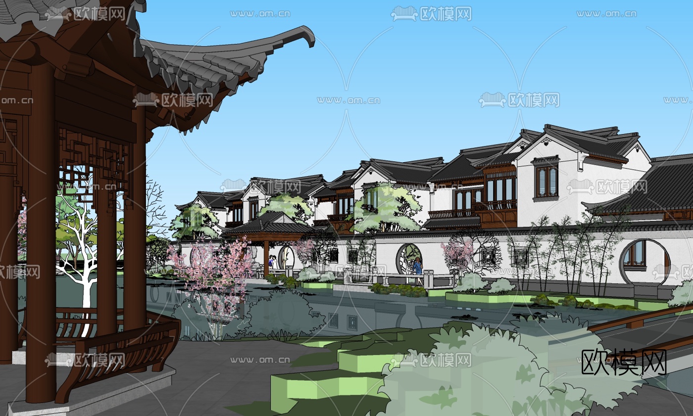 中式江南别墅外观su模型下载（渲染图2）