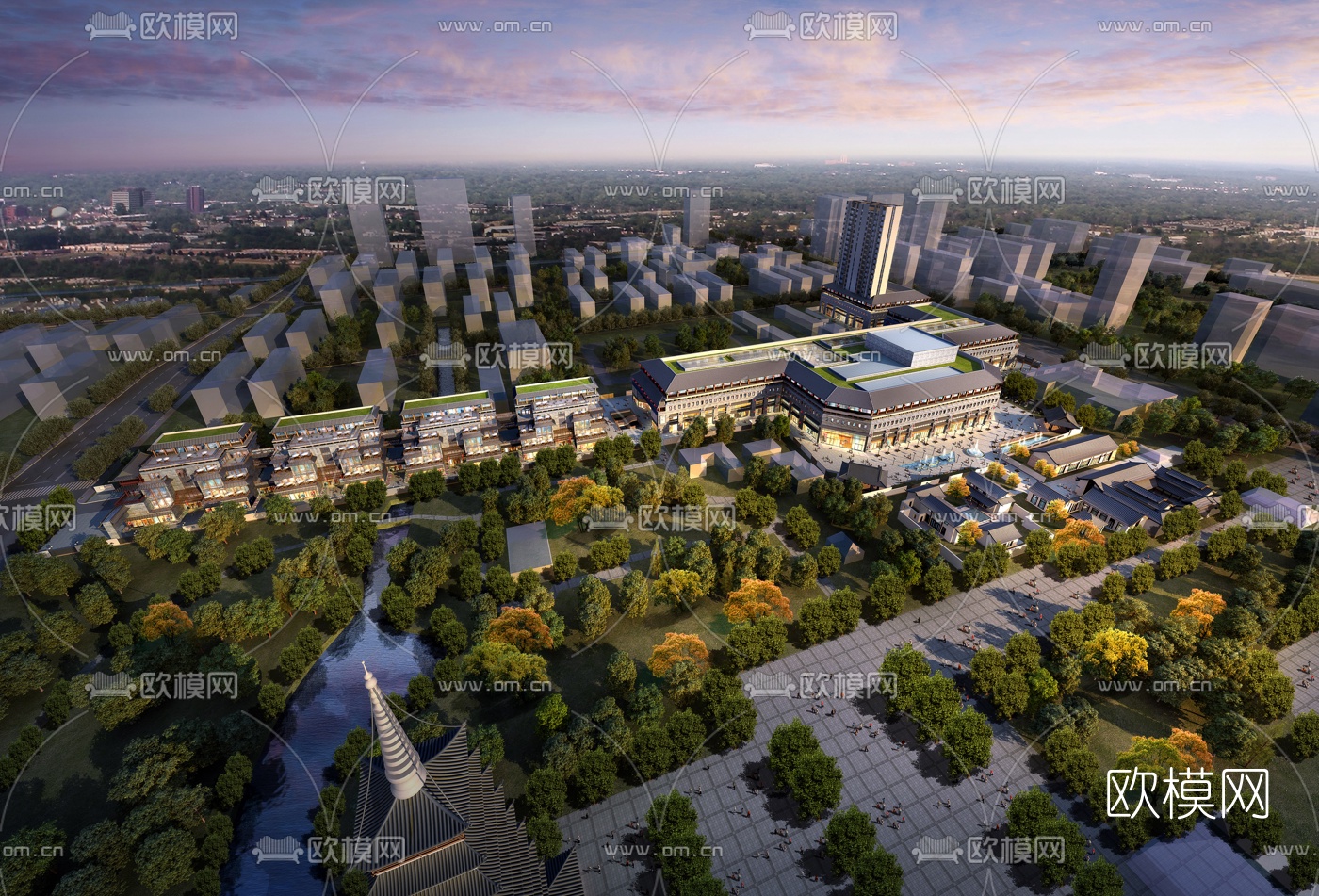 新中式商业广场鸟瞰规划3d模型