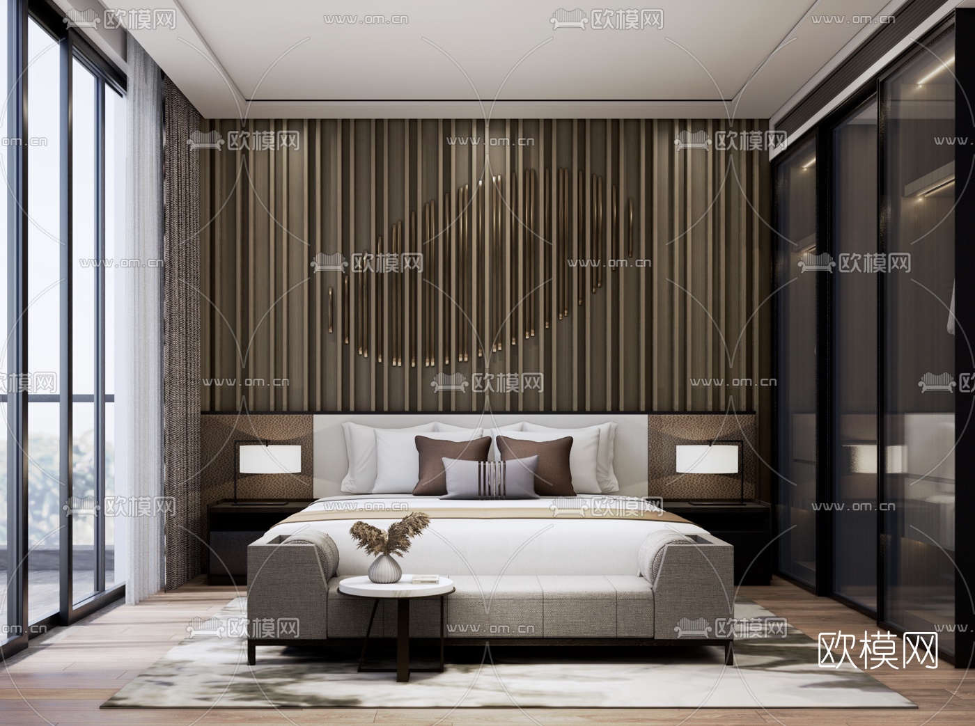 现代轻奢卧室su模型下载（渲染图1）