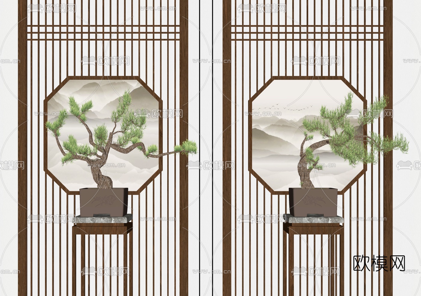 新中式松树盆栽su模型下载