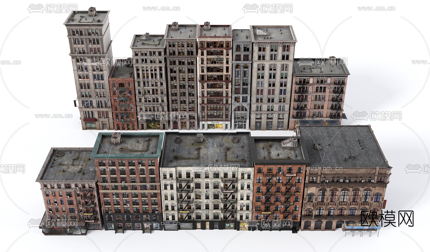 美式街道楼房建筑构件3d模型下载（渲染图1）