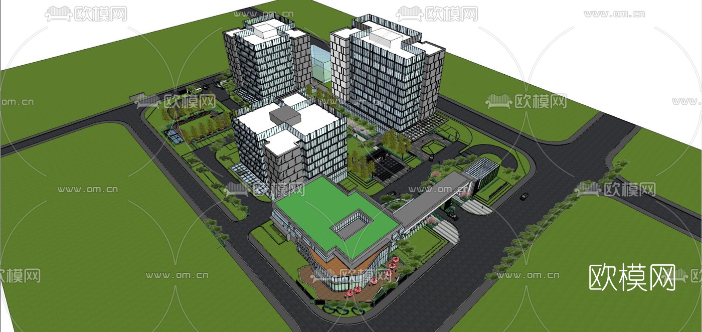 现代办公园区鸟瞰su模型下载（渲染图1）
