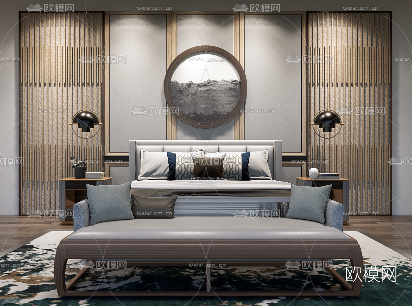 新中式布艺双人床su模型下载（渲染图1）