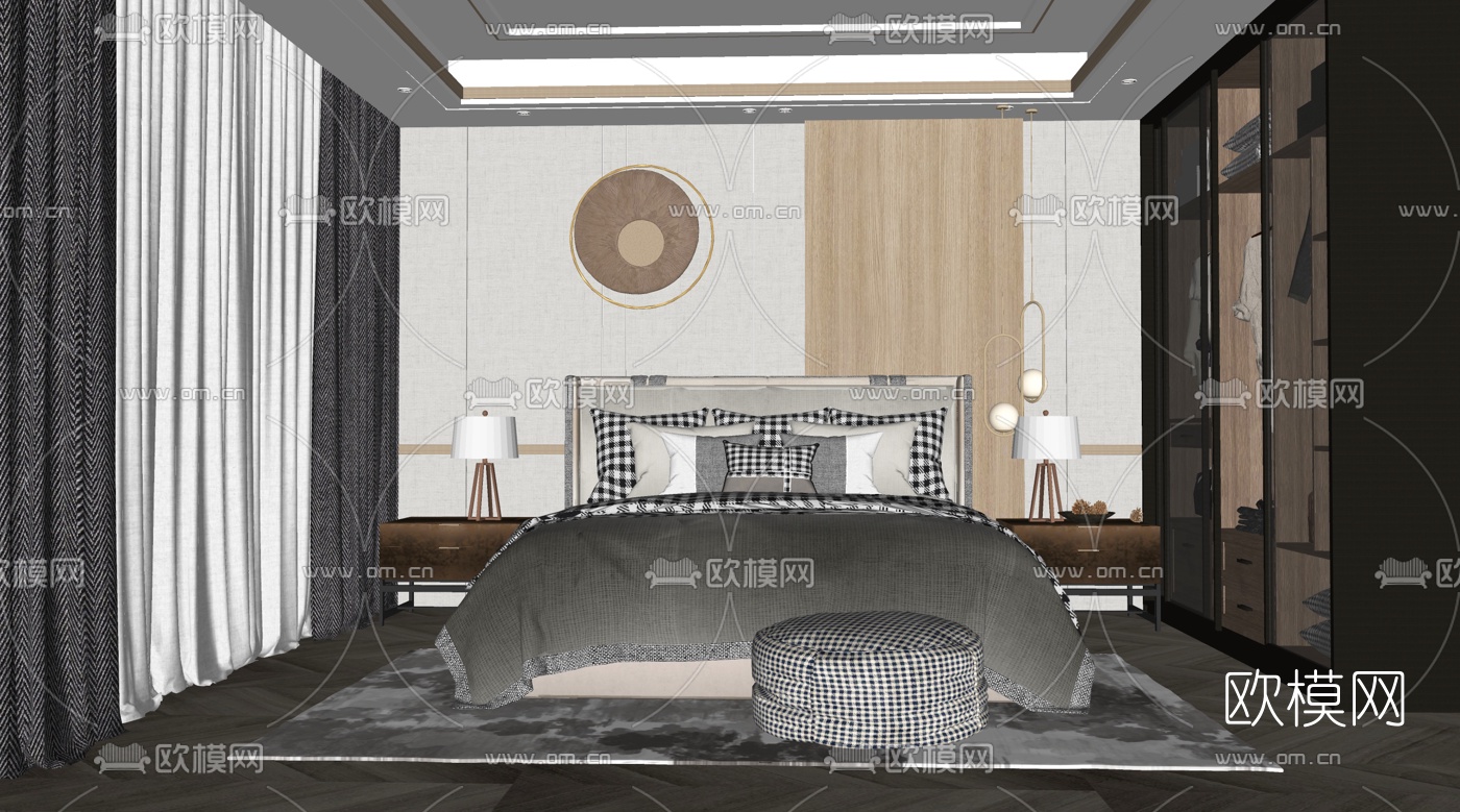 现代布艺双人床su模型下载（渲染图2）