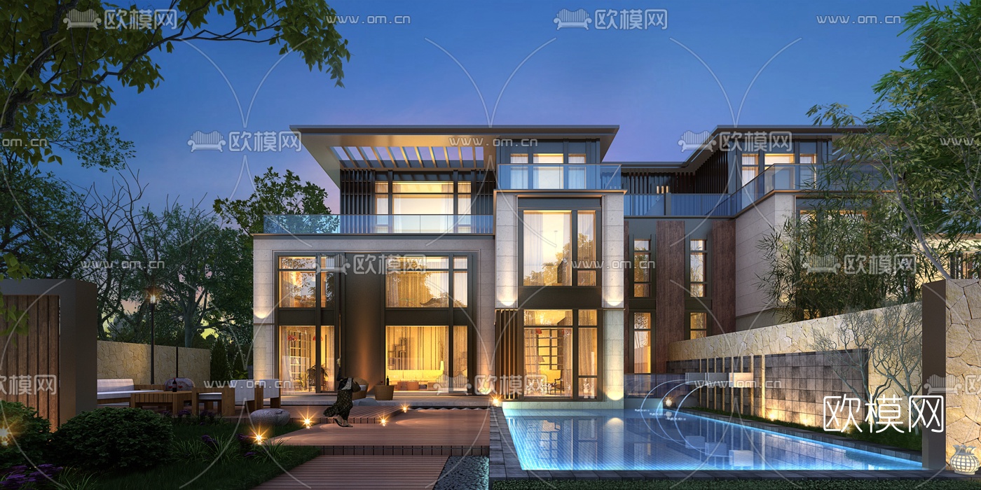 现代独栋别墅外观夜景3d模型