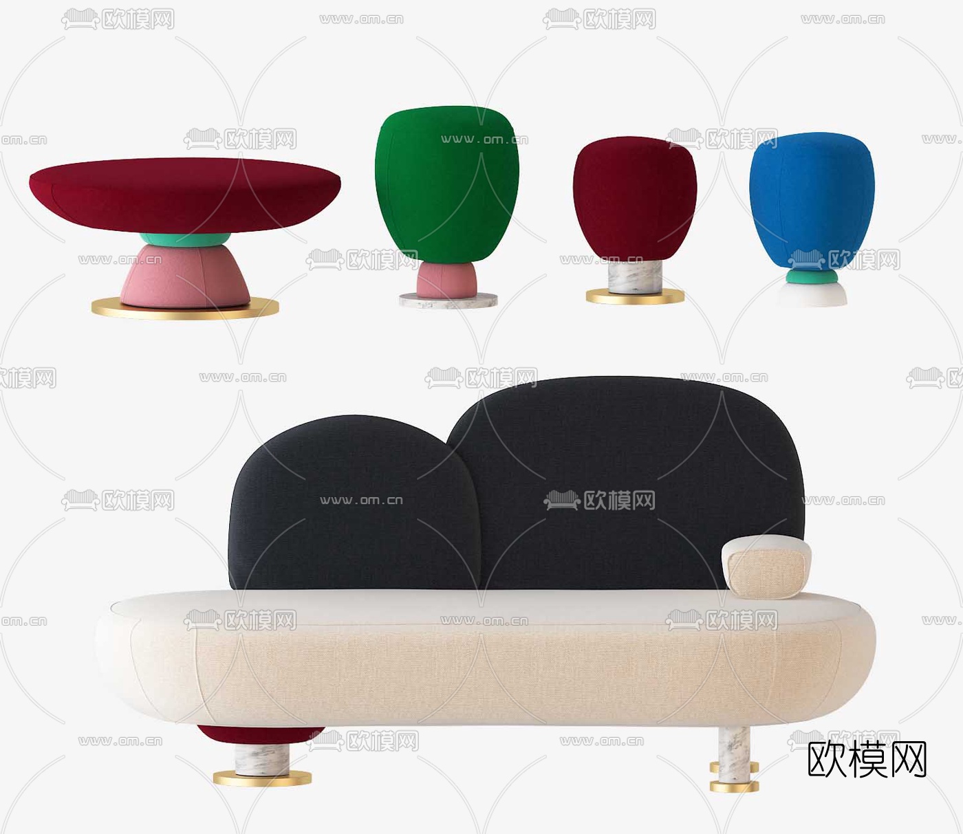 后现代布艺多人沙发圆凳3d模型下载