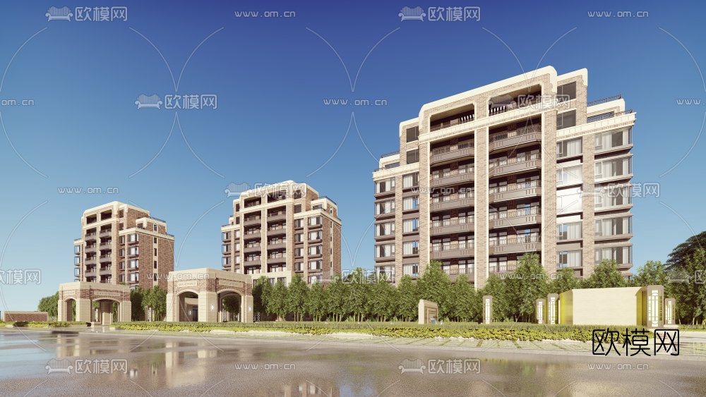 美式高层住宅建筑外观su模型下载（渲染图3）