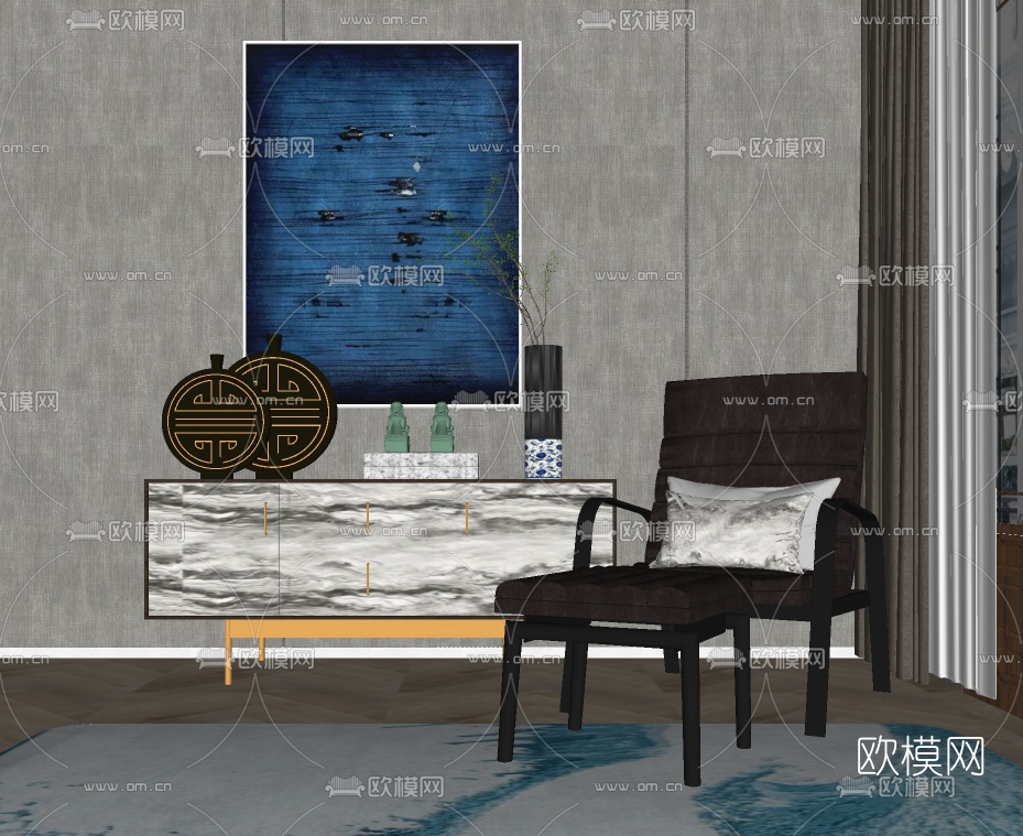 新中式布艺休闲椅su模型下载