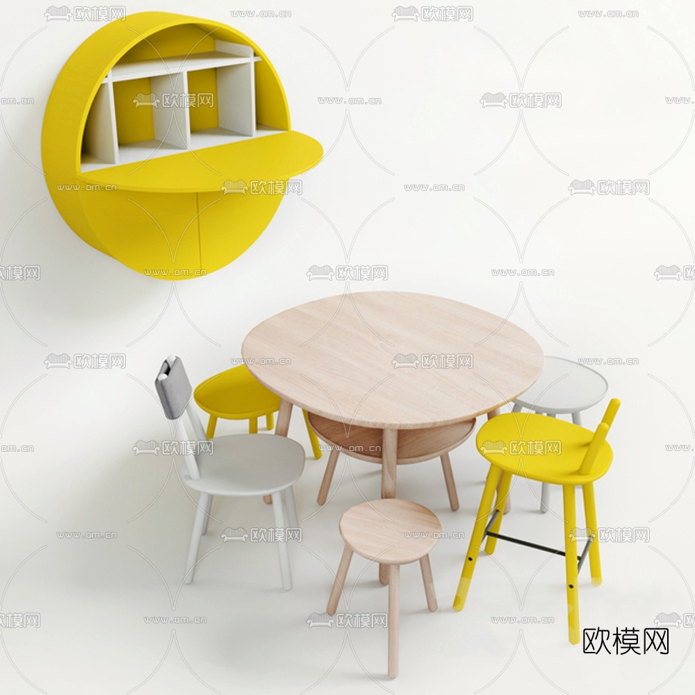 北欧圆形儿童桌椅免费3d模型下载
