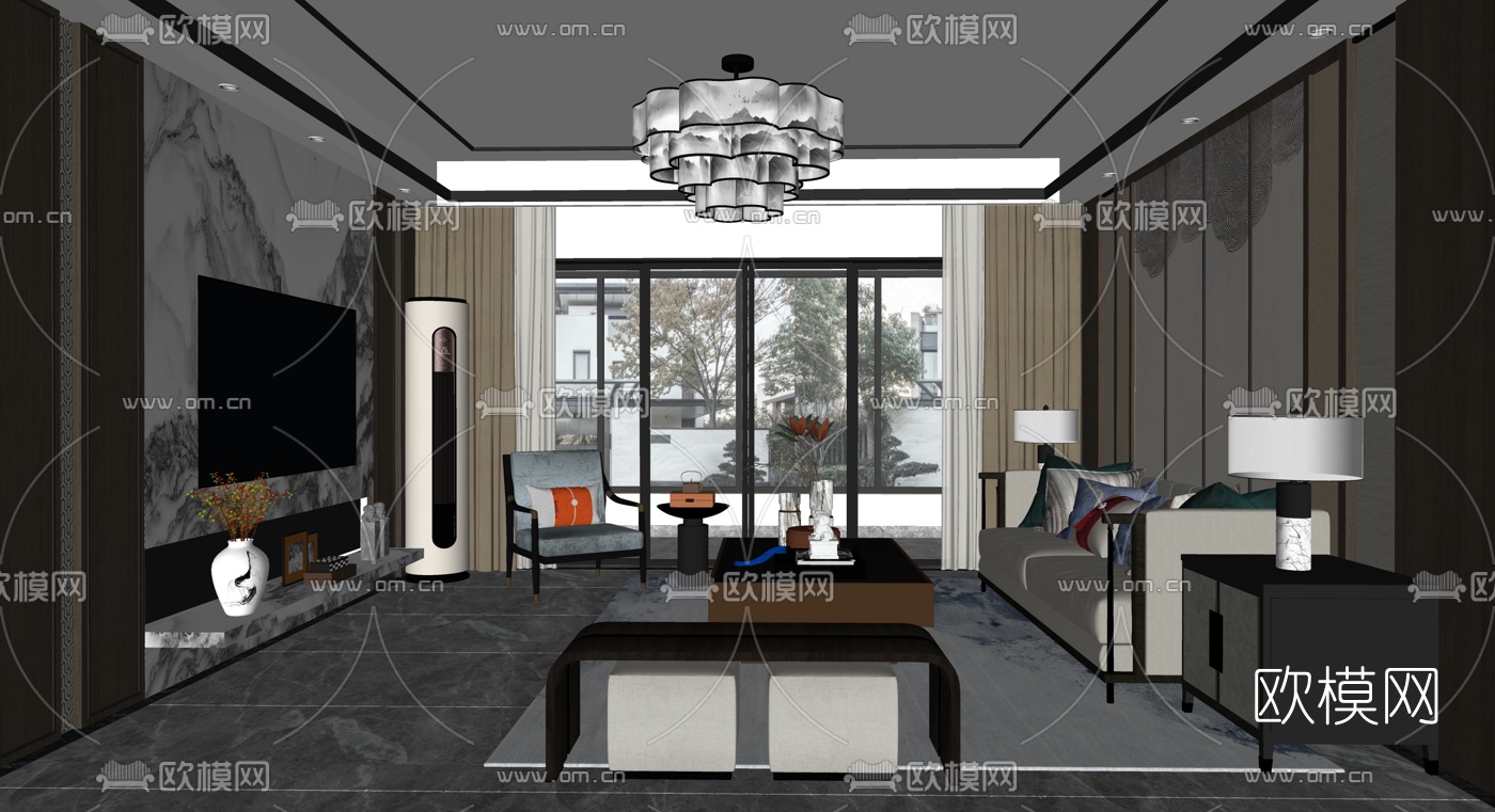 新中式客厅su模型下载（渲染图2）