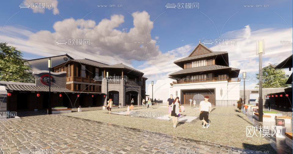 中式风情商业街su模型下载（渲染图2）