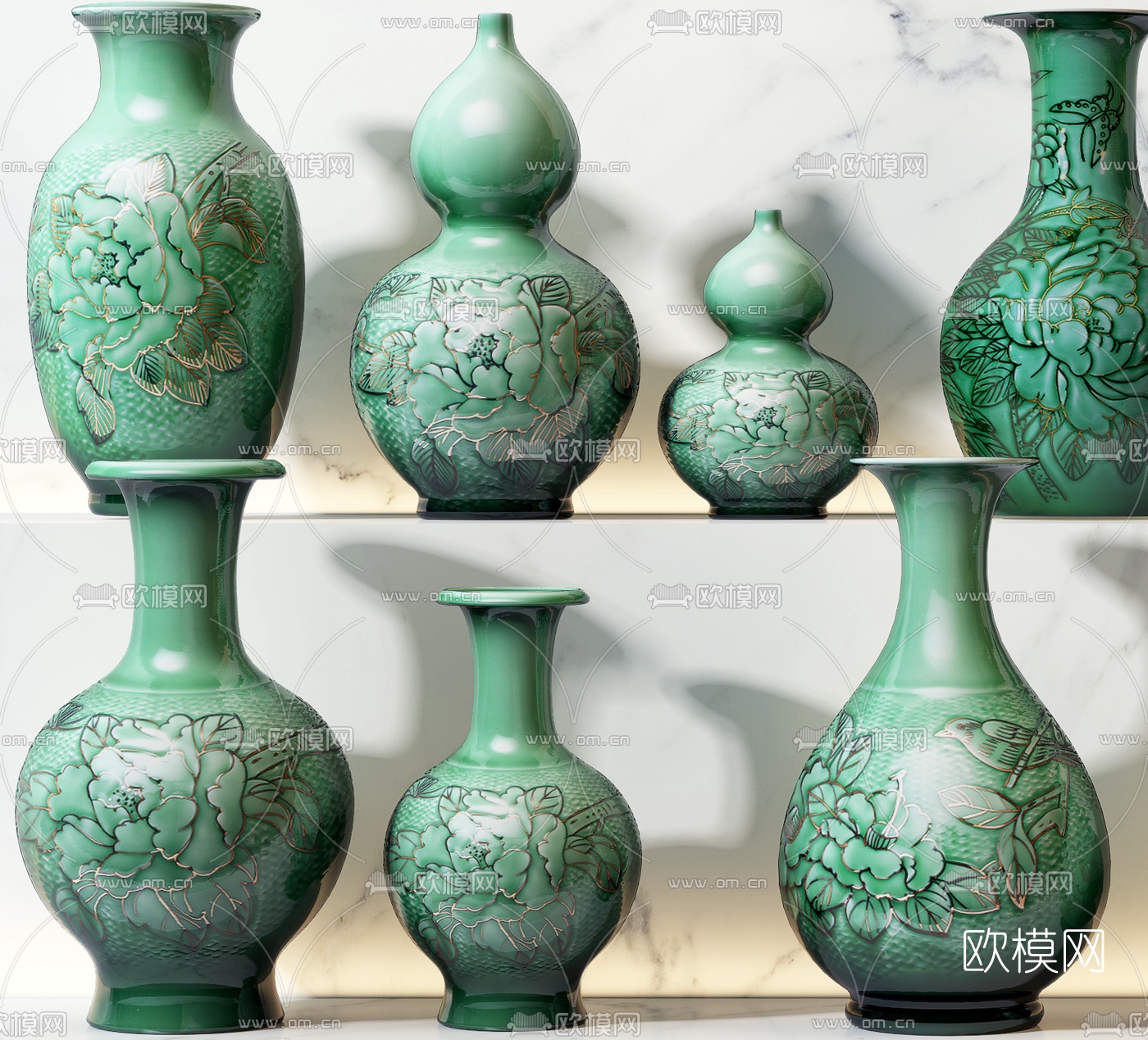 新中式雕花陶瓷器皿3d模型下载（渲染图2）