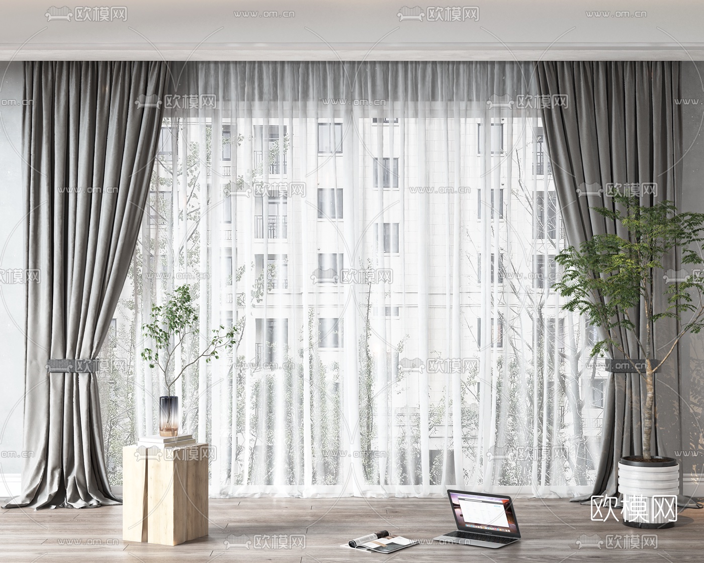 现代布艺窗帘3d模型下载（渲染图1）
