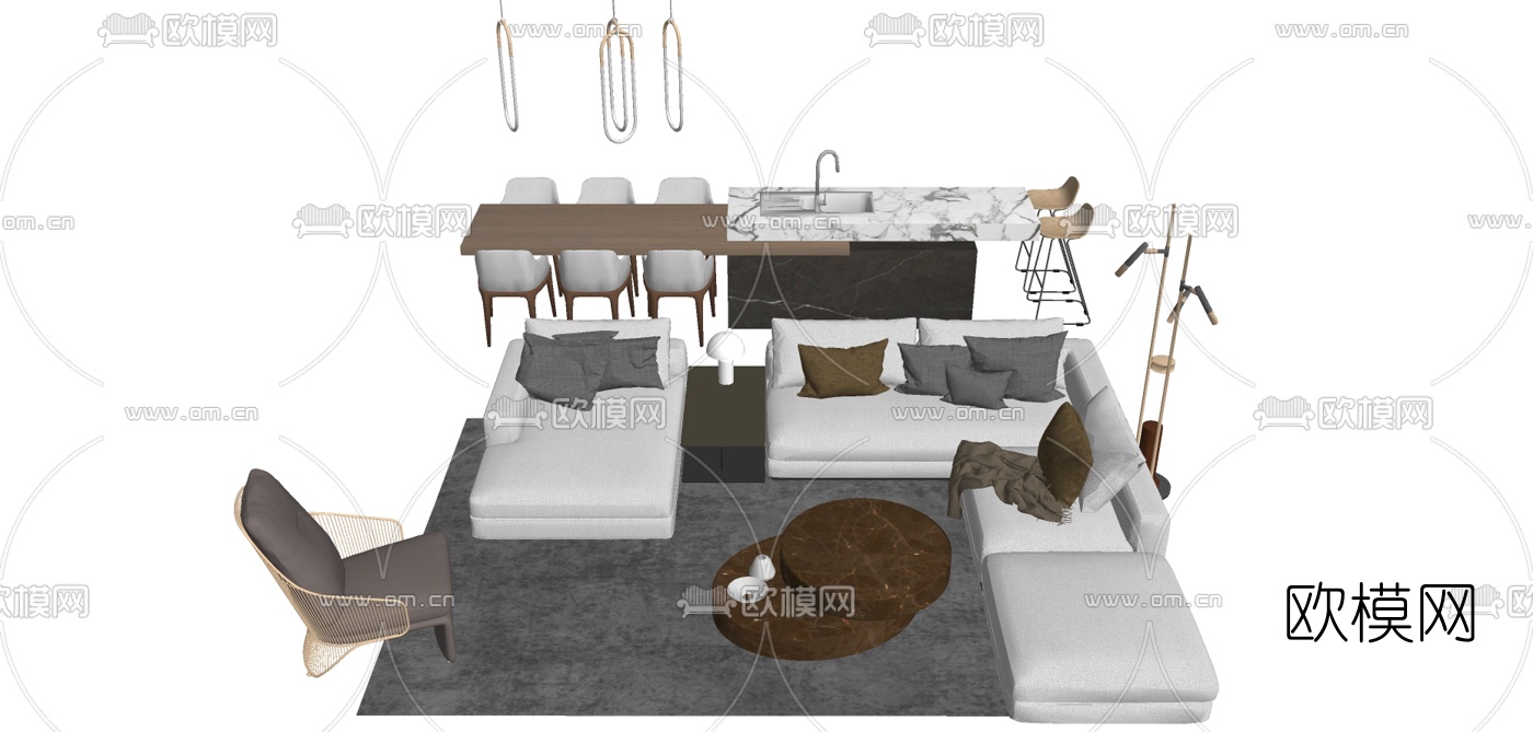 现代转角沙发组合餐桌椅su模型下载