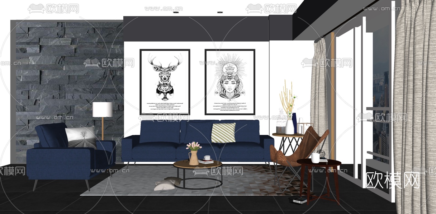 北欧布艺沙发组合su模型下载