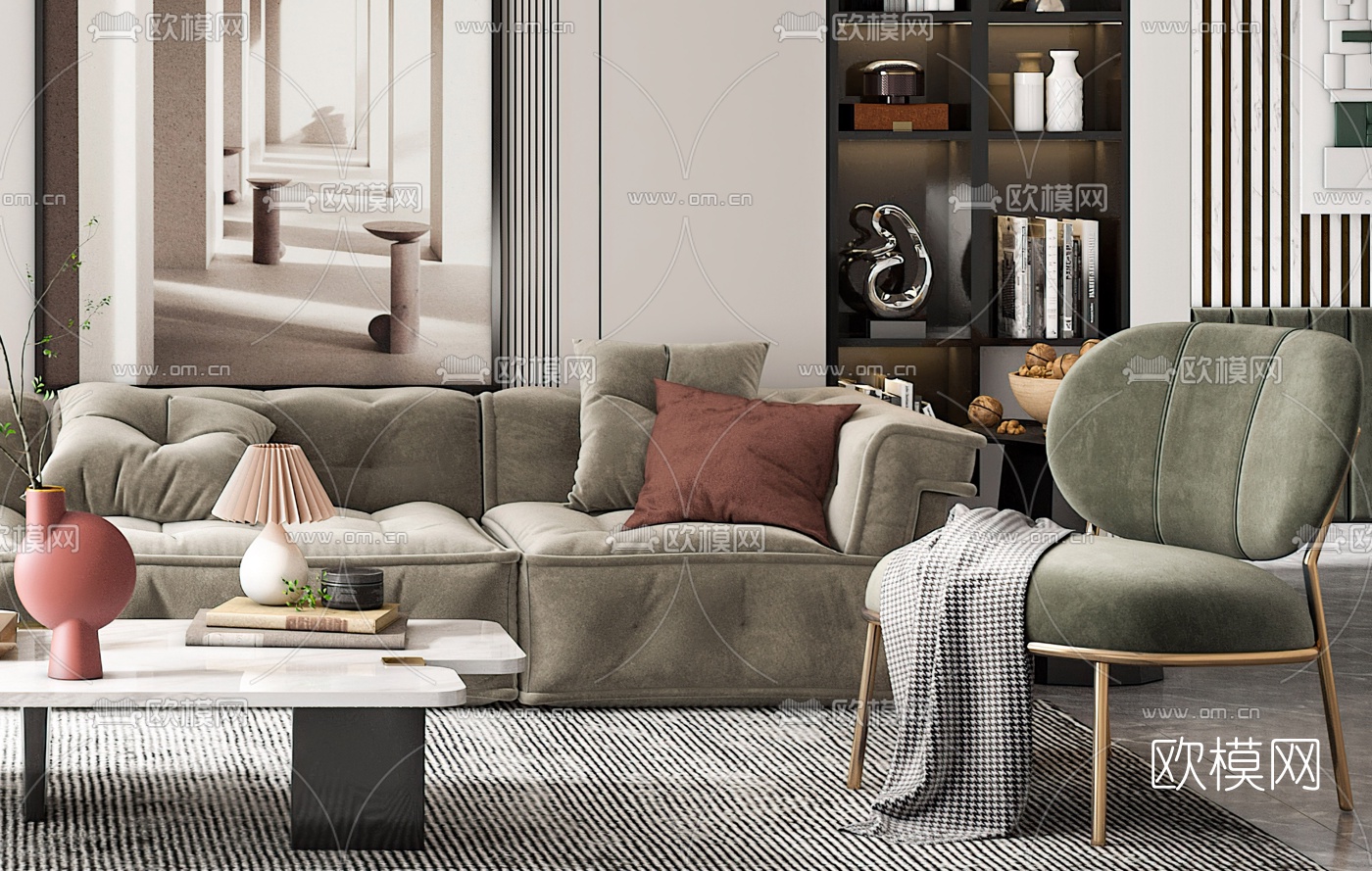 现代绒布沙发组合3d模型下载（渲染图3）