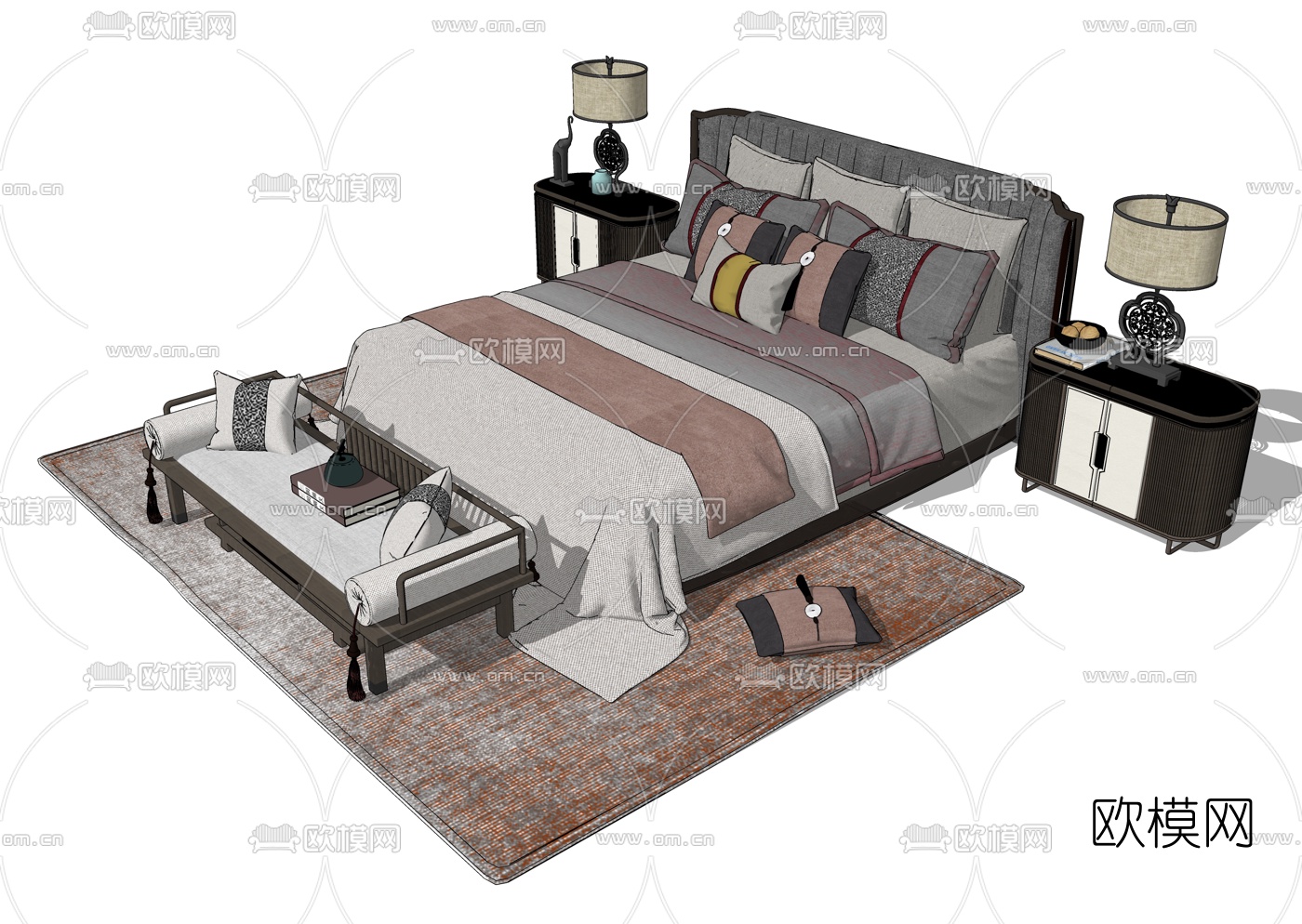 新中式布艺双人床su模型下载（渲染图2）