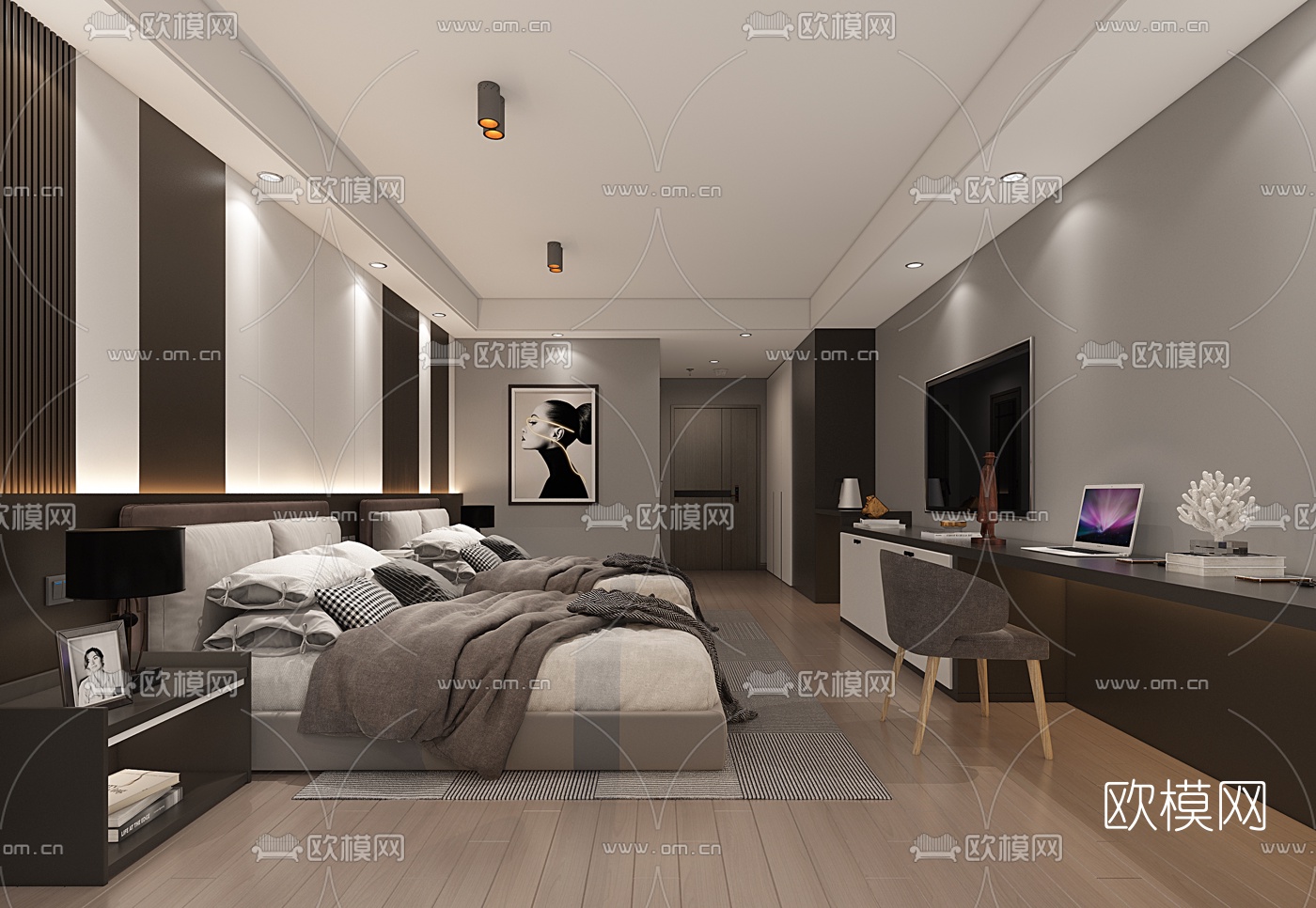 现代客房双人间免费3d模型下载（渲染图2）