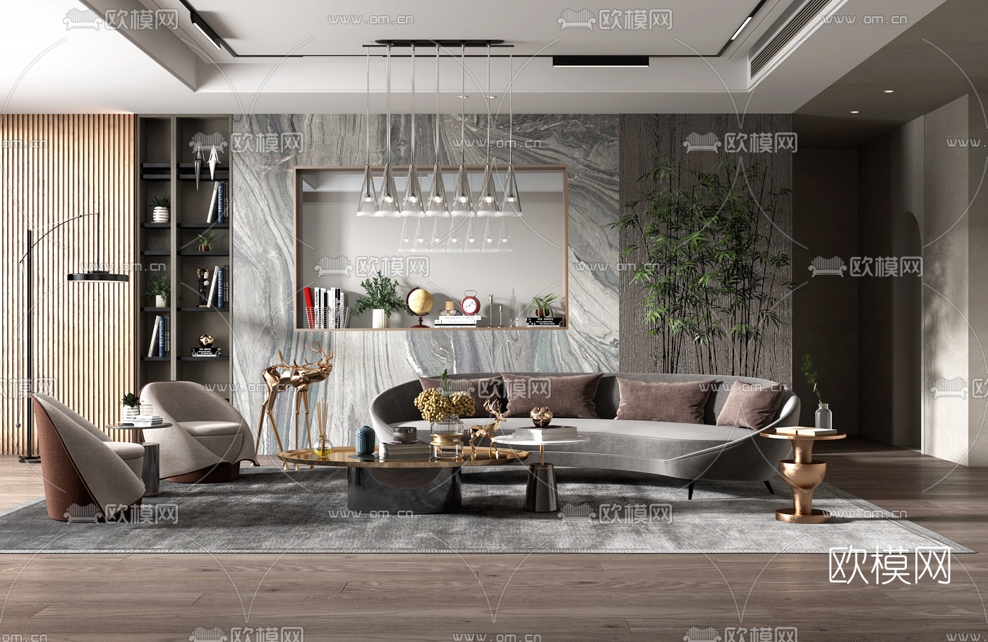 现代绒布弧形沙发组合3d模型