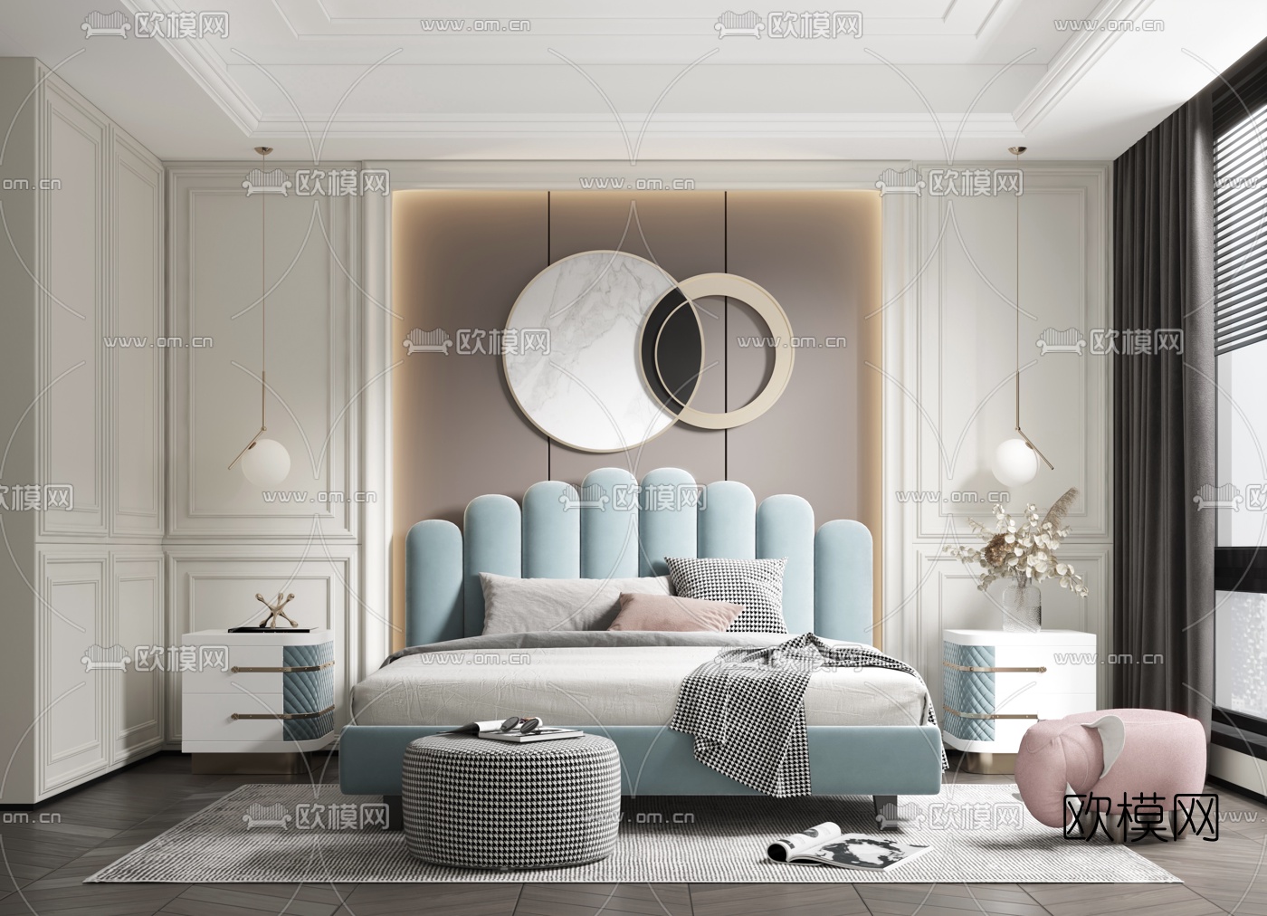 简欧布艺双人床3d模型下载