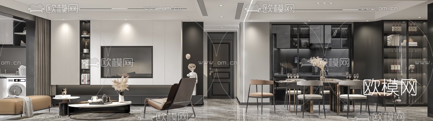 现代客厅餐厅3d模型