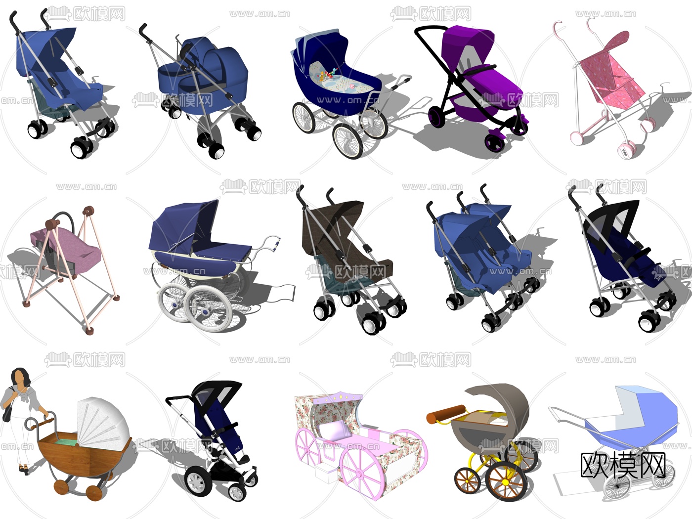 现代婴儿车手推车su模型下载