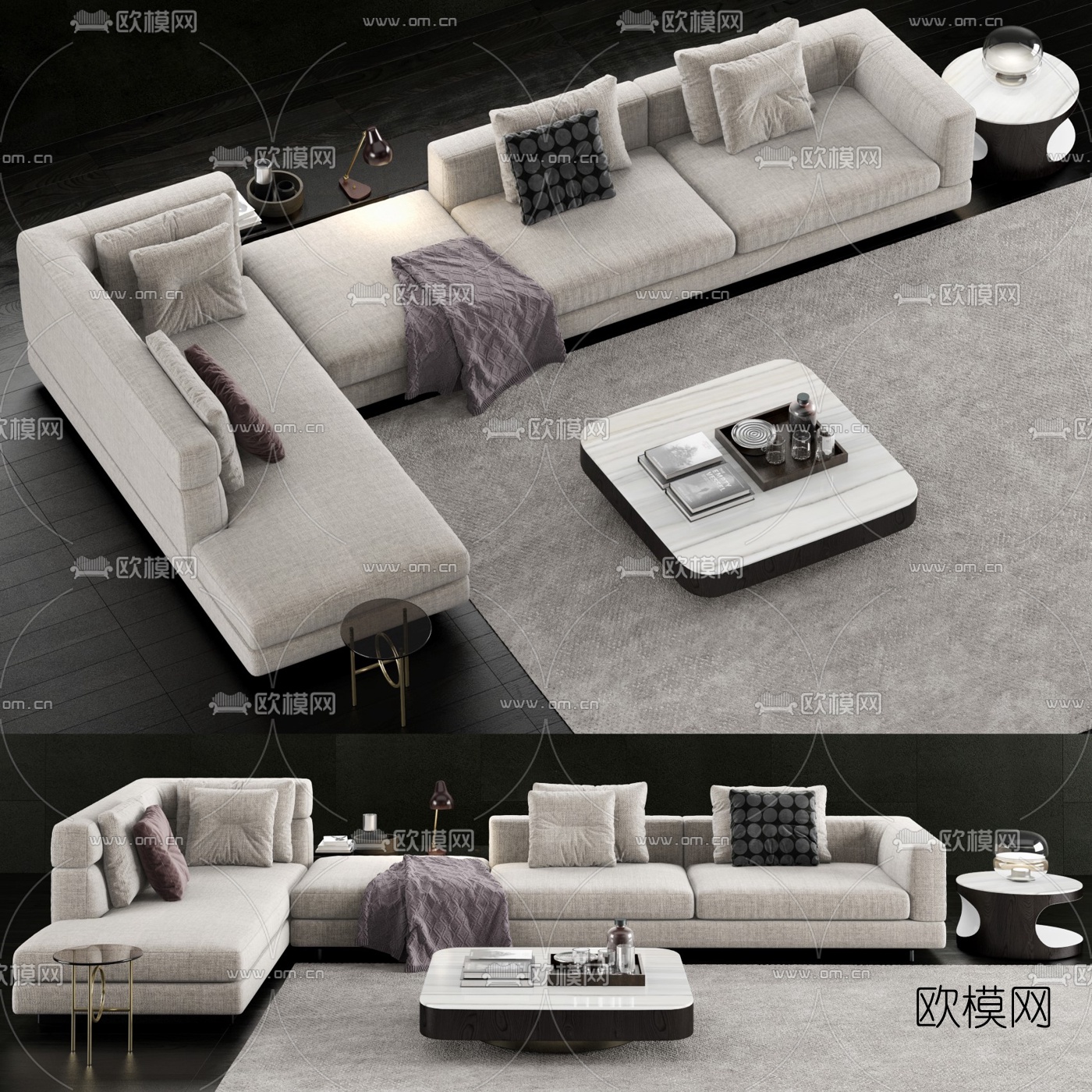 现代布艺转角沙发组合3d模型-免费3dmax模型库-欧模网