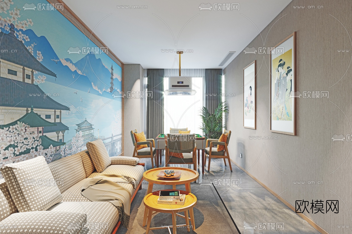 日式棋牌室麻将室娱乐室3d模型下载（渲染图1）