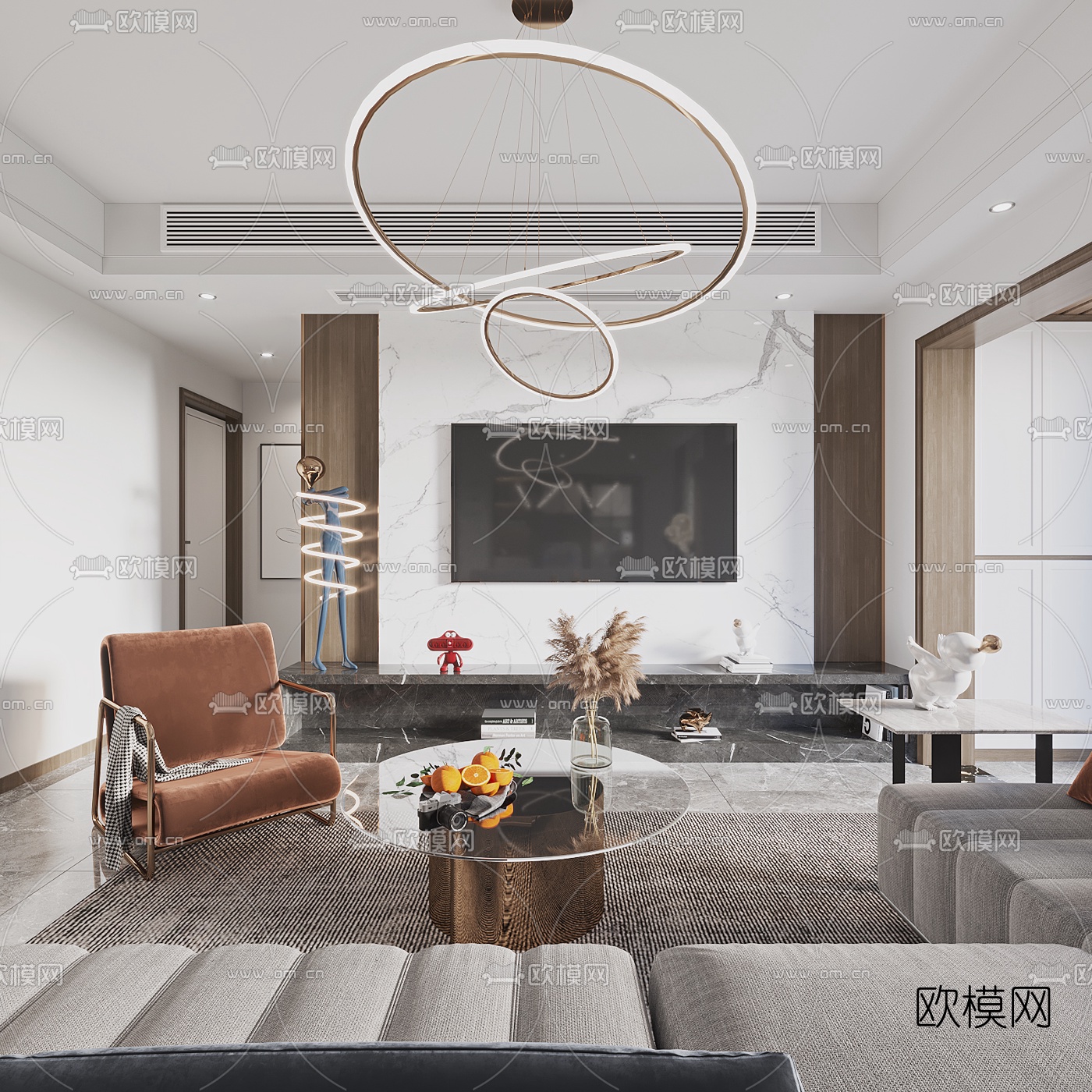 现代轻奢客厅餐厅3d模型