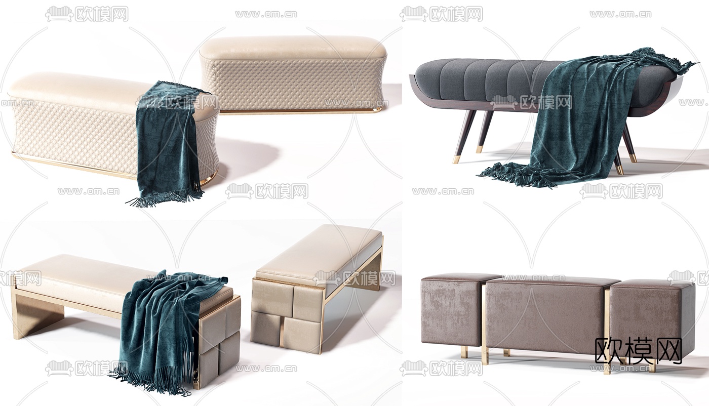现代皮革布艺床尾凳3d模型下载