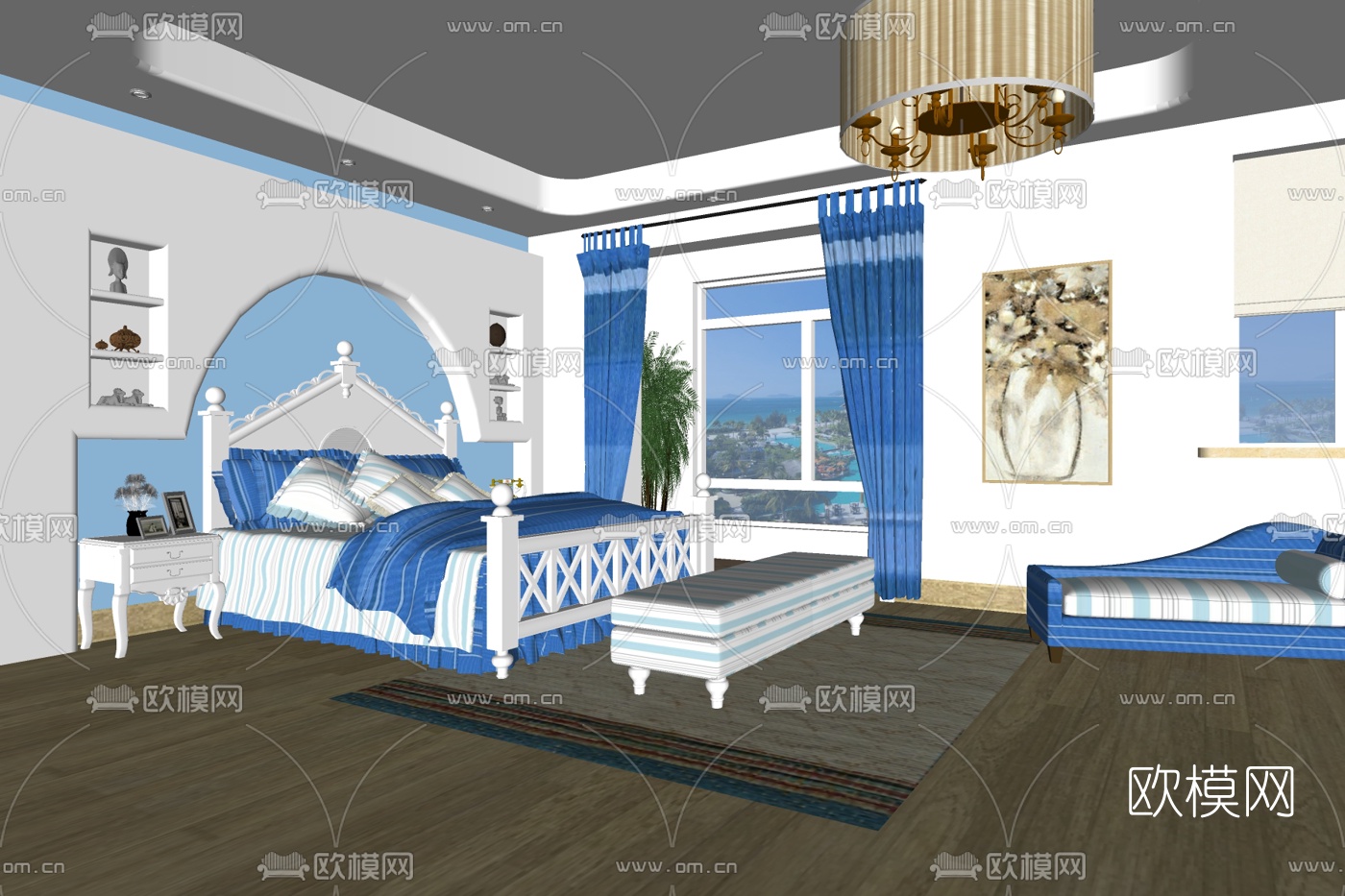 地中海实木双人床su模型下载