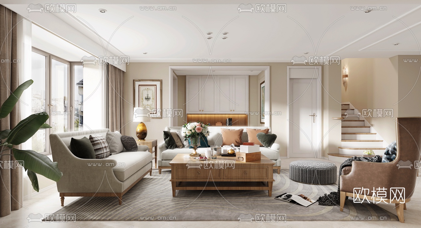 简美客厅餐厅3d模型-免费3dmax模型库-欧模网