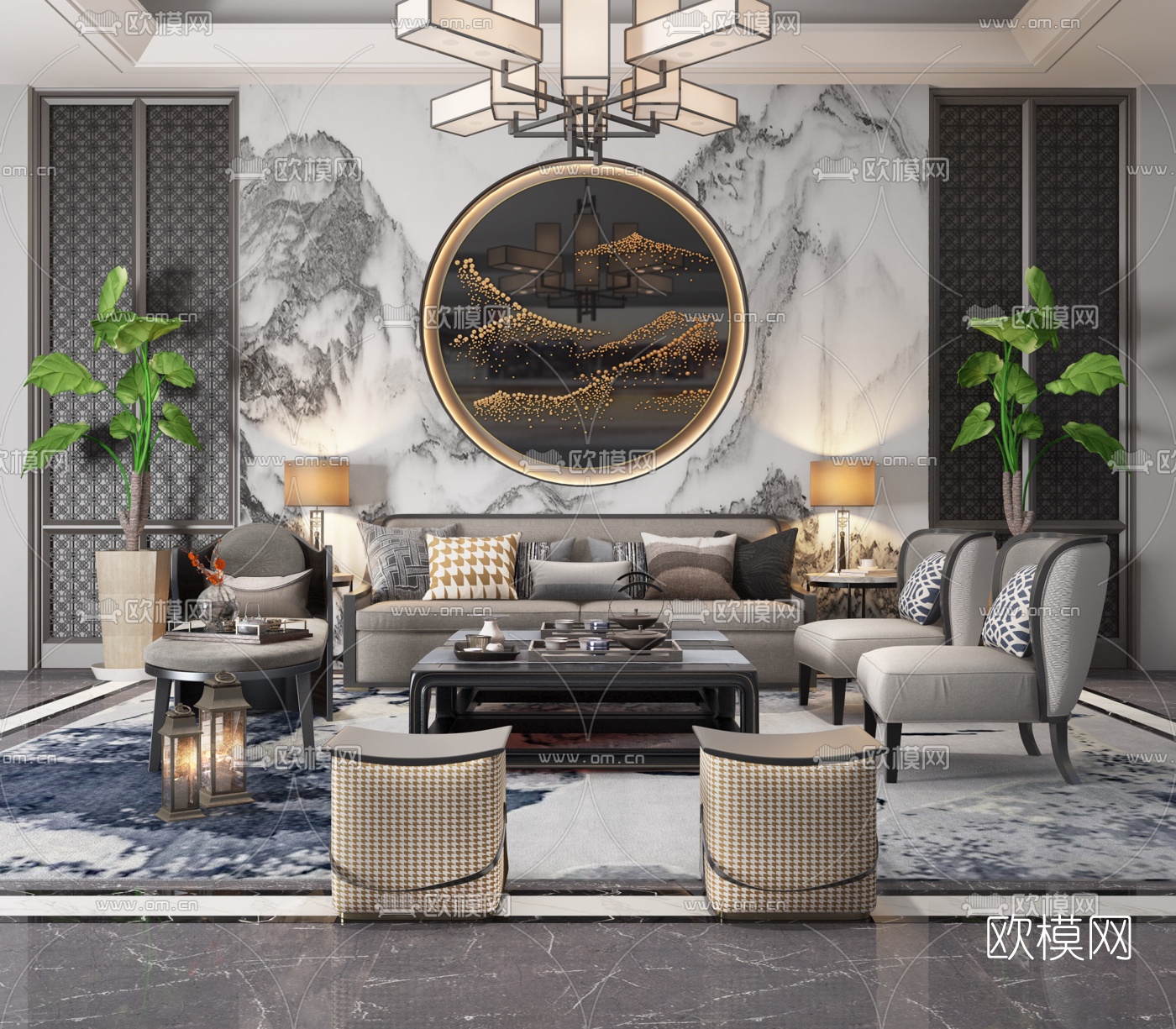 新中式布艺沙发组合3d模型-免费3dmax模型库-欧模网
